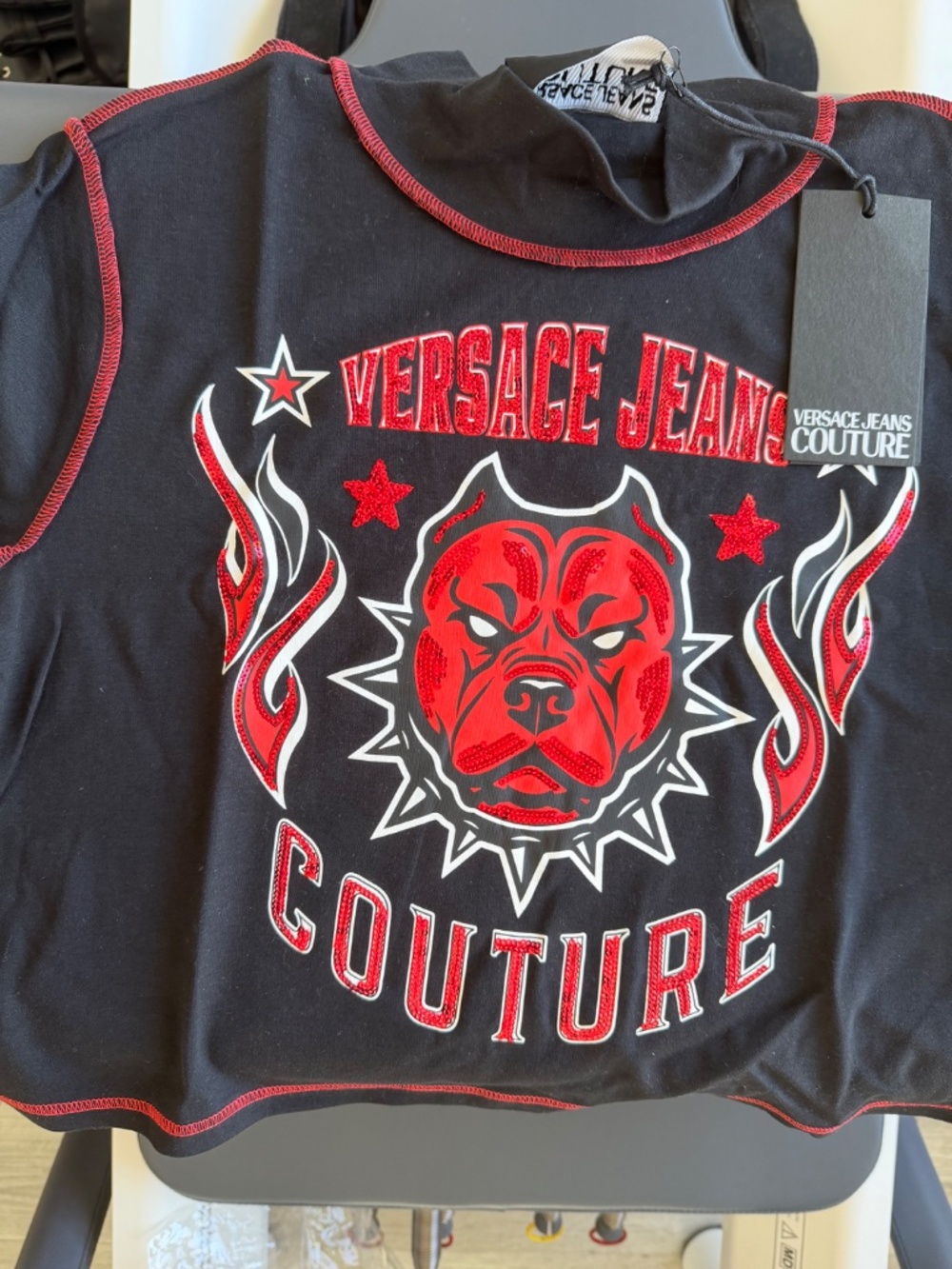 Versace Jeans Couture Sequin Bulldog Cropped Tee – Black & Red | Size L | NWT - Picture 3 of 13
